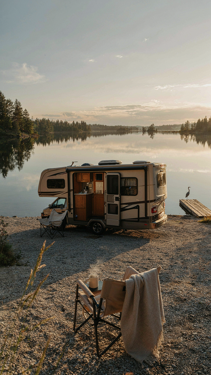 A scenic RV parked by a lake at sunset, showing a stylish interior and freedom.
