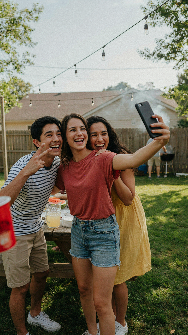 A person smiles taking a selfie with friends in a backyard.