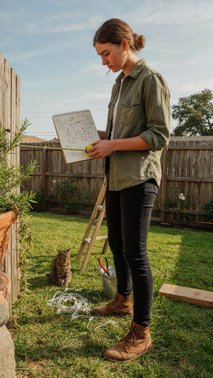 A person measuring a backyard space with a tape measure and sketching a layout.