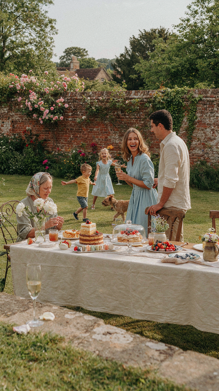A dynamic english garden party scene with a floral dessert table and interacting guests.