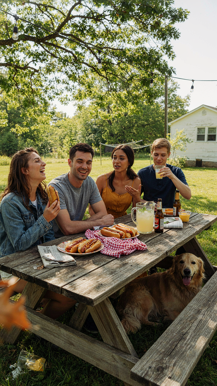 Friends happily enjoy hot dogs together at an outdoor picnic table.