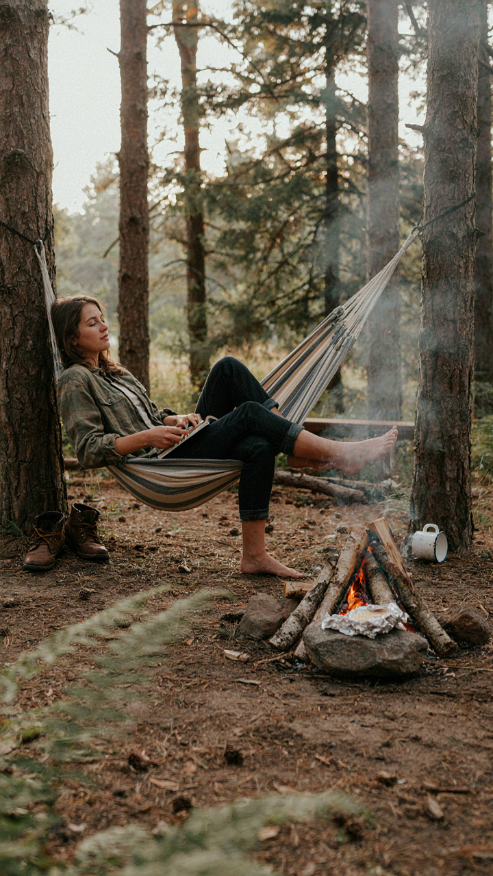 A person relaxes in a hammock while foil packet camping meals cook over a fire.