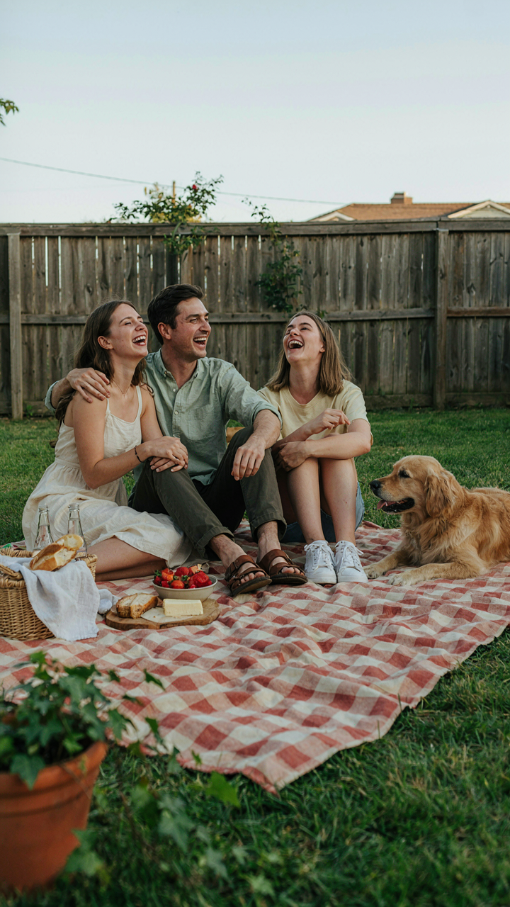 Friends laughing at a simple backyard picnic setup, enjoying snacks and drinks.