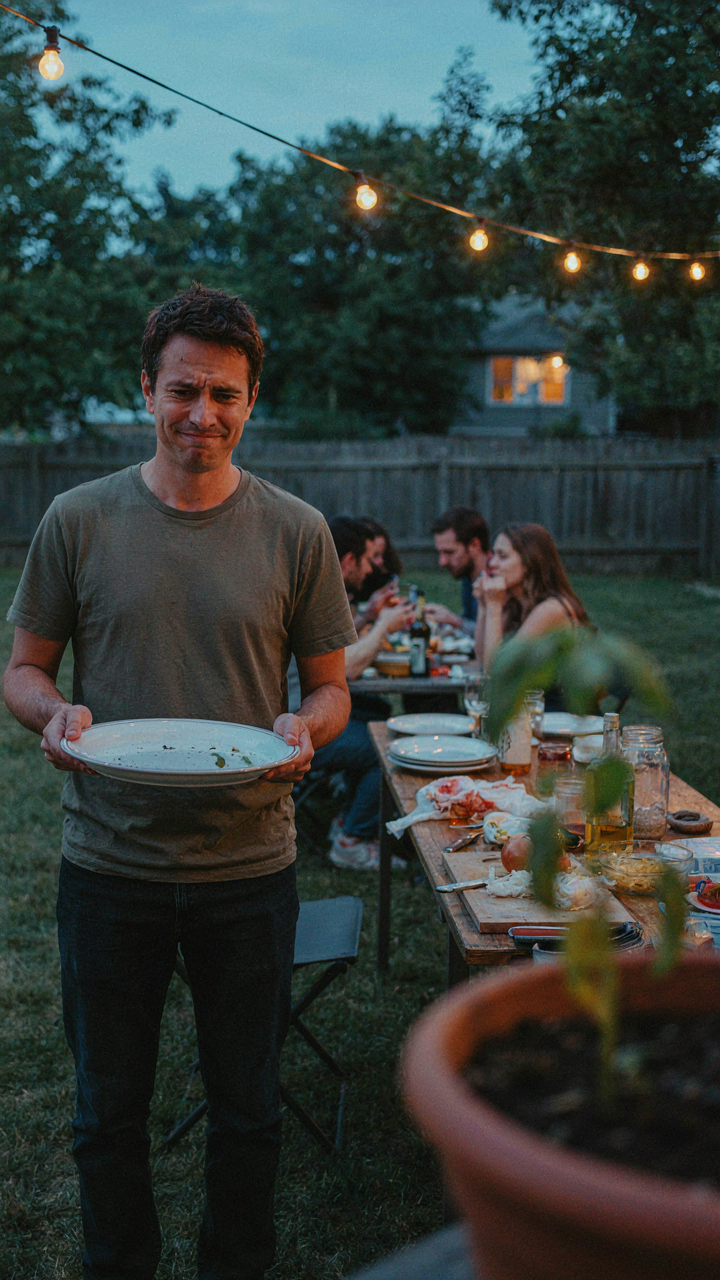 A stressed host looks at an empty serving platter in a backyard.