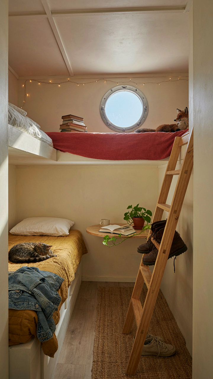 A small, customized, and inviting RV bunk room.