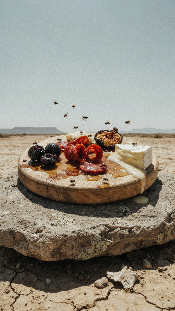 A charcuterie board is completely melted and spoiled on a rock in a harsh desert.