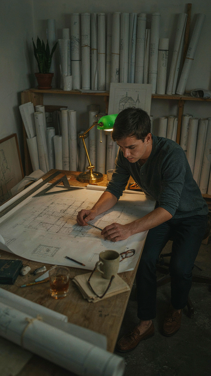 A person intently studying a detailed blueprint, showing deep focus and precision.