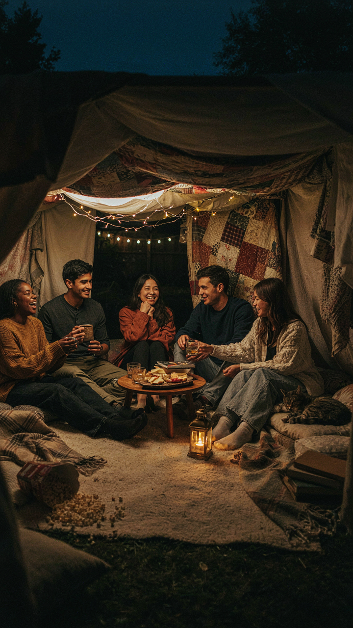 People are comfortable under a unique blanket fort at an outdoor gathering.