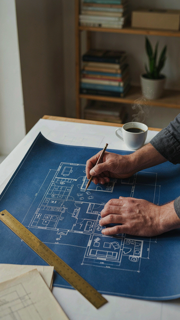 An architect sketches a detailed floor plan for a small living space on a blueprint.