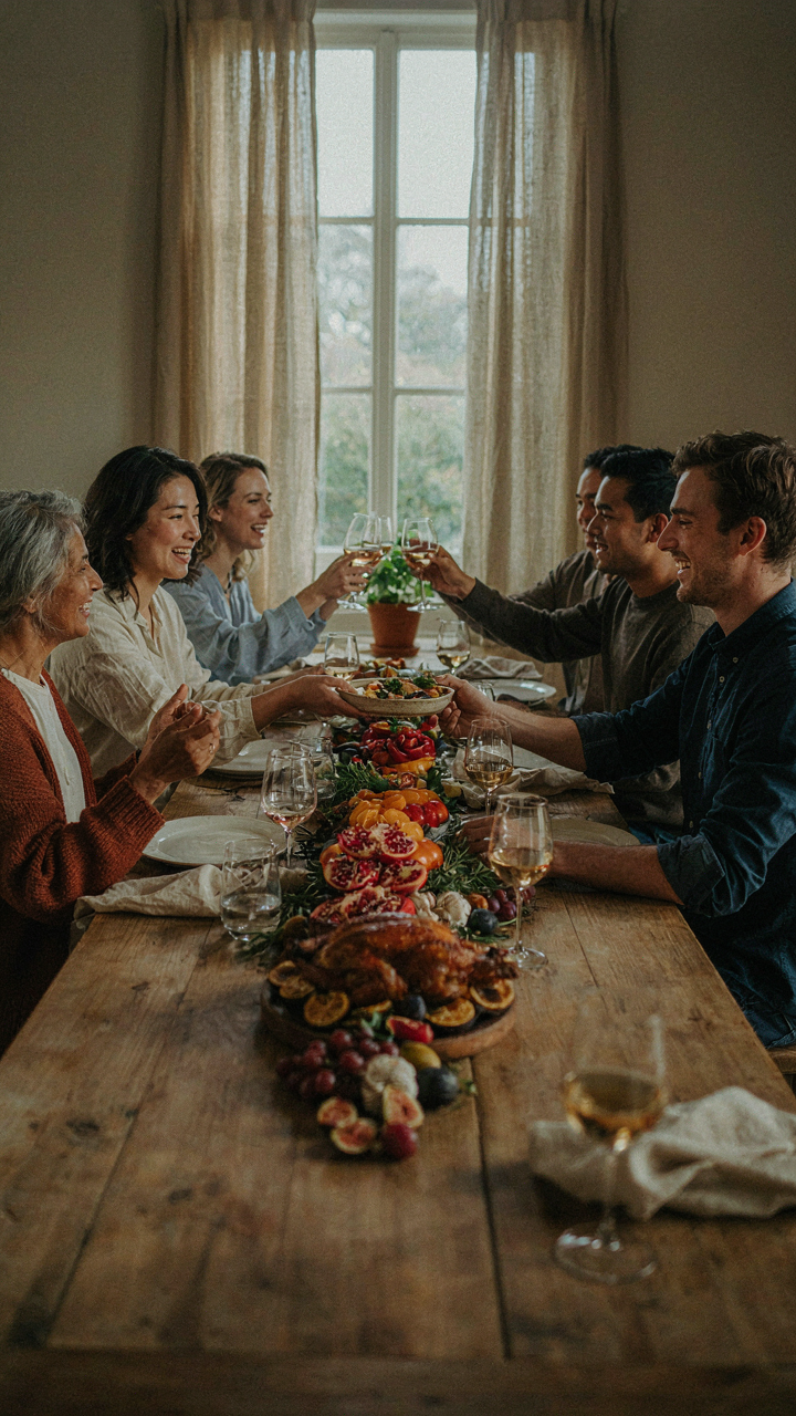 Friends engaging with an elaborate edible centerpiece at a dinner party.