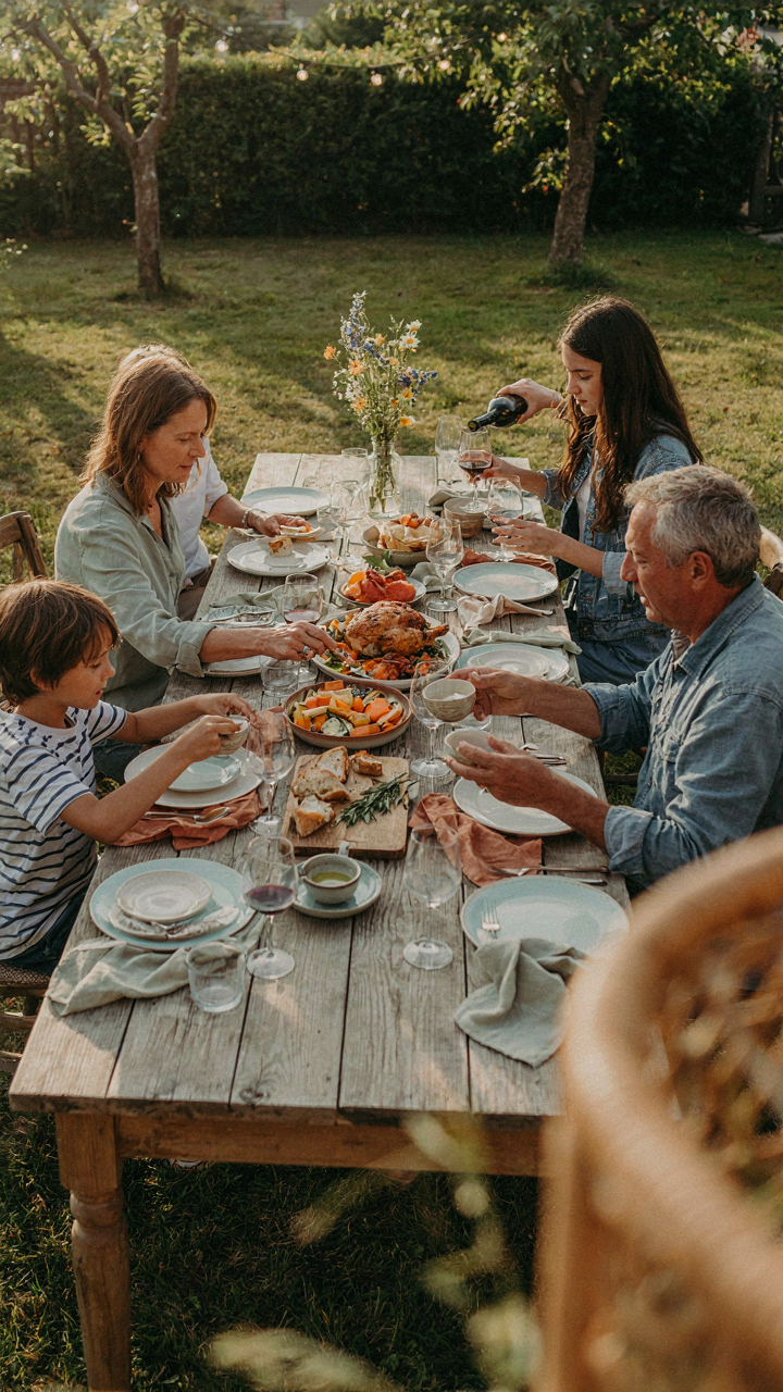 People reach for food at a relaxed family style outdoor dinner table.