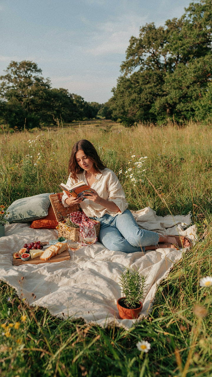 A person relaxes at a perfectly set up picnic, enjoying leisure time.