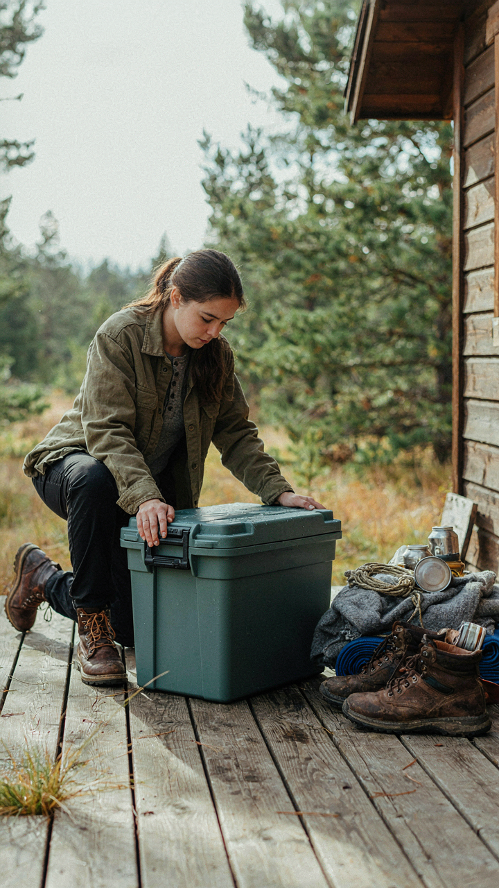 A person closes a single organized camping storage bin next to discarded items.