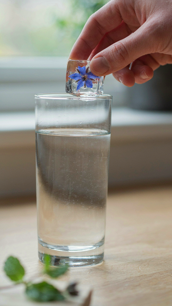 A hand places a decorative ice cube with a flower into a glass of water.