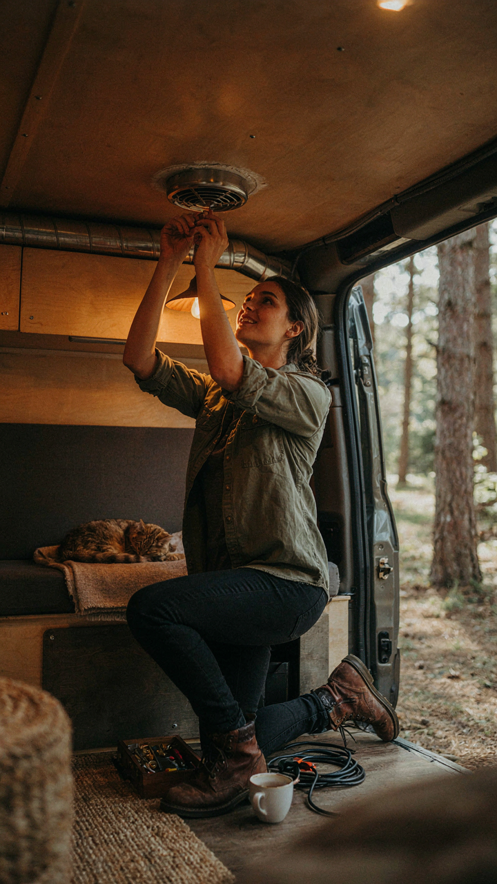 Person adjusts vents and fans inside a van.