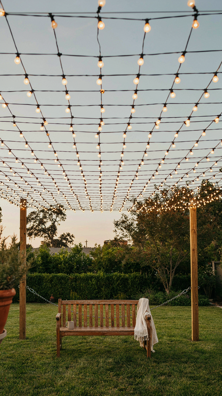 A robust, well-designed twinkle light canopy lights up a backyard.