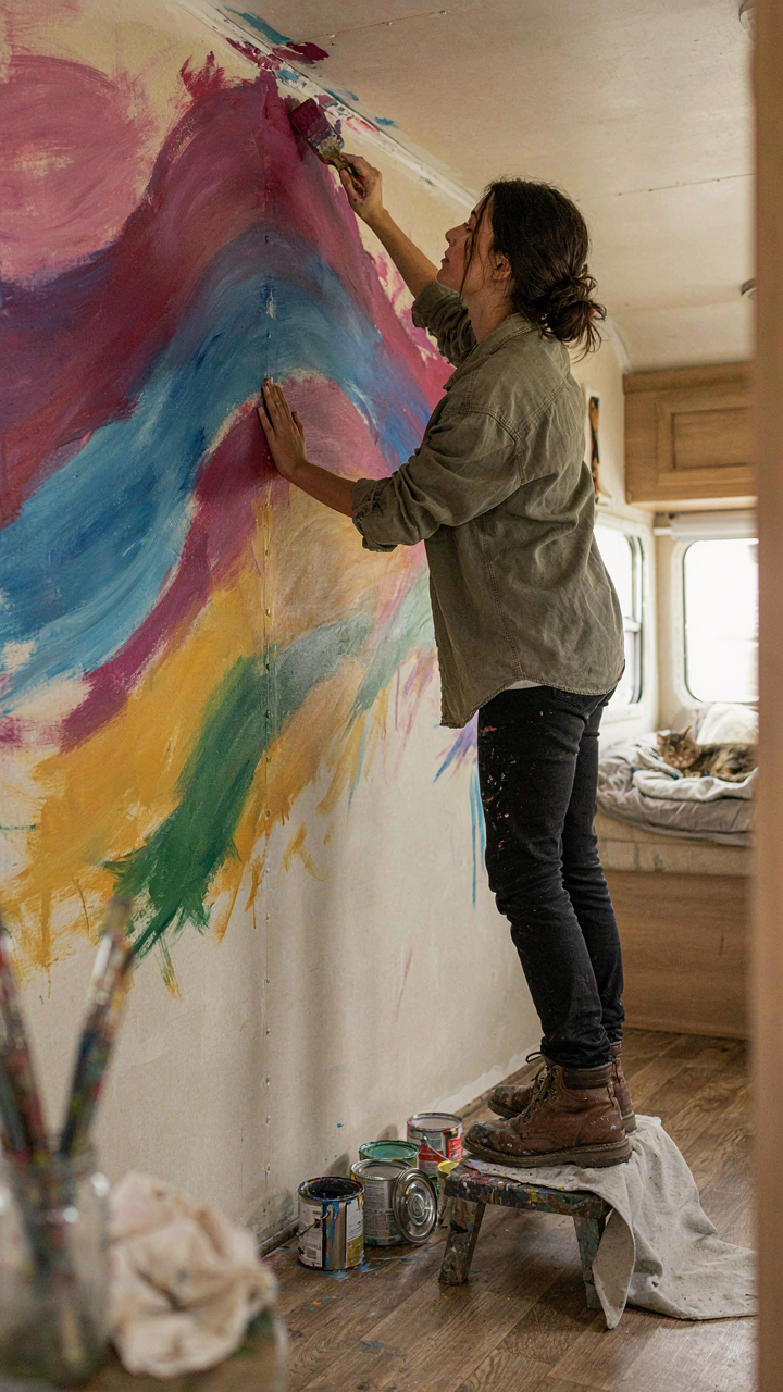 A person confidently paints a vibrant mural on an RV interior wall.