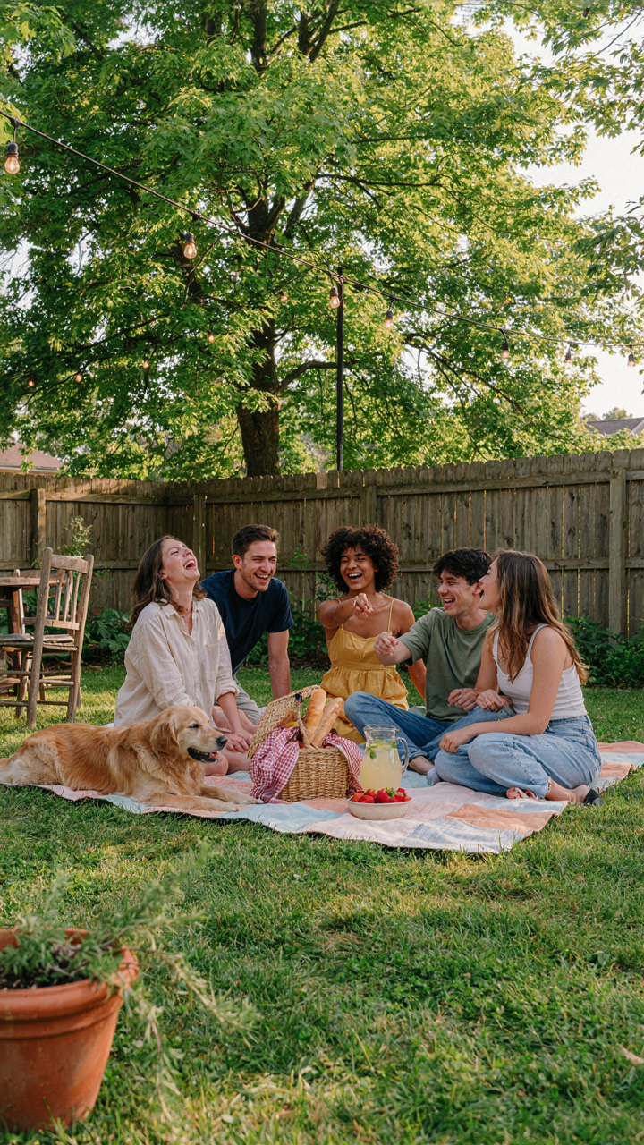 Happy friends laugh at a casual garden party with simple seating.