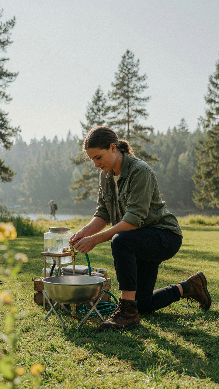 A person confidently sets up a practical diy camp sink.