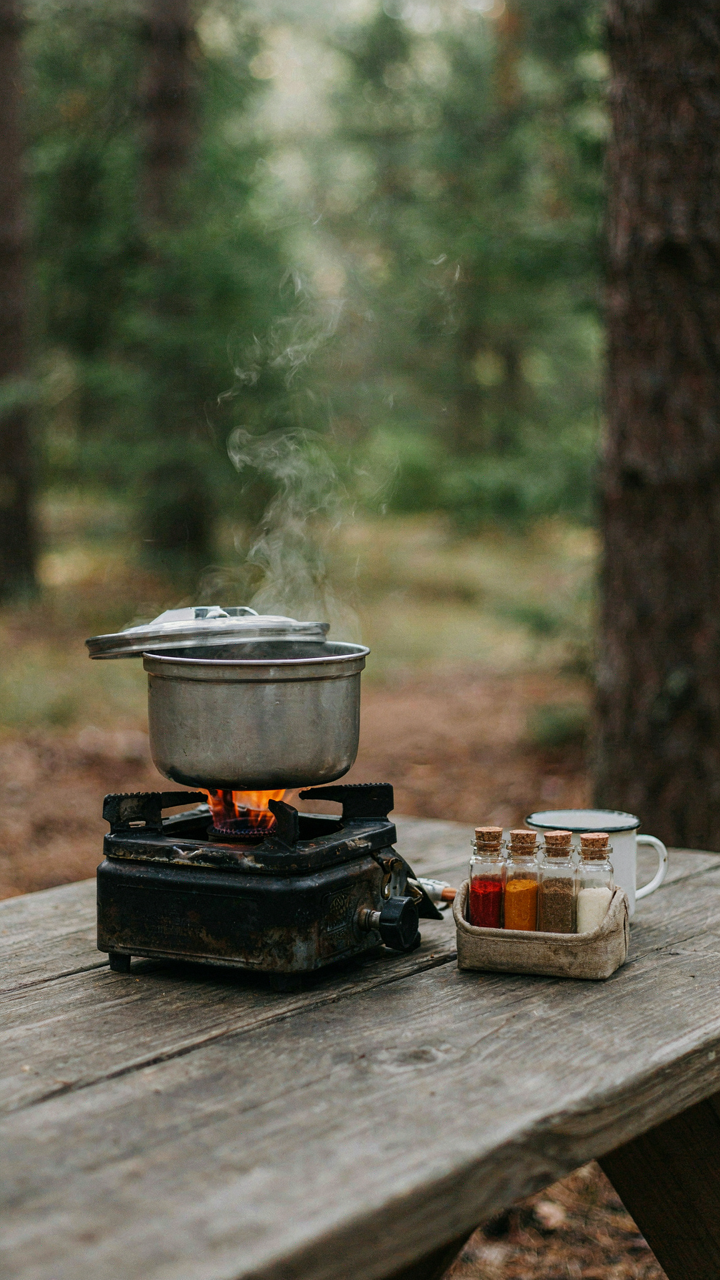 A small camping spice kit next to a pot simmering on a stove.