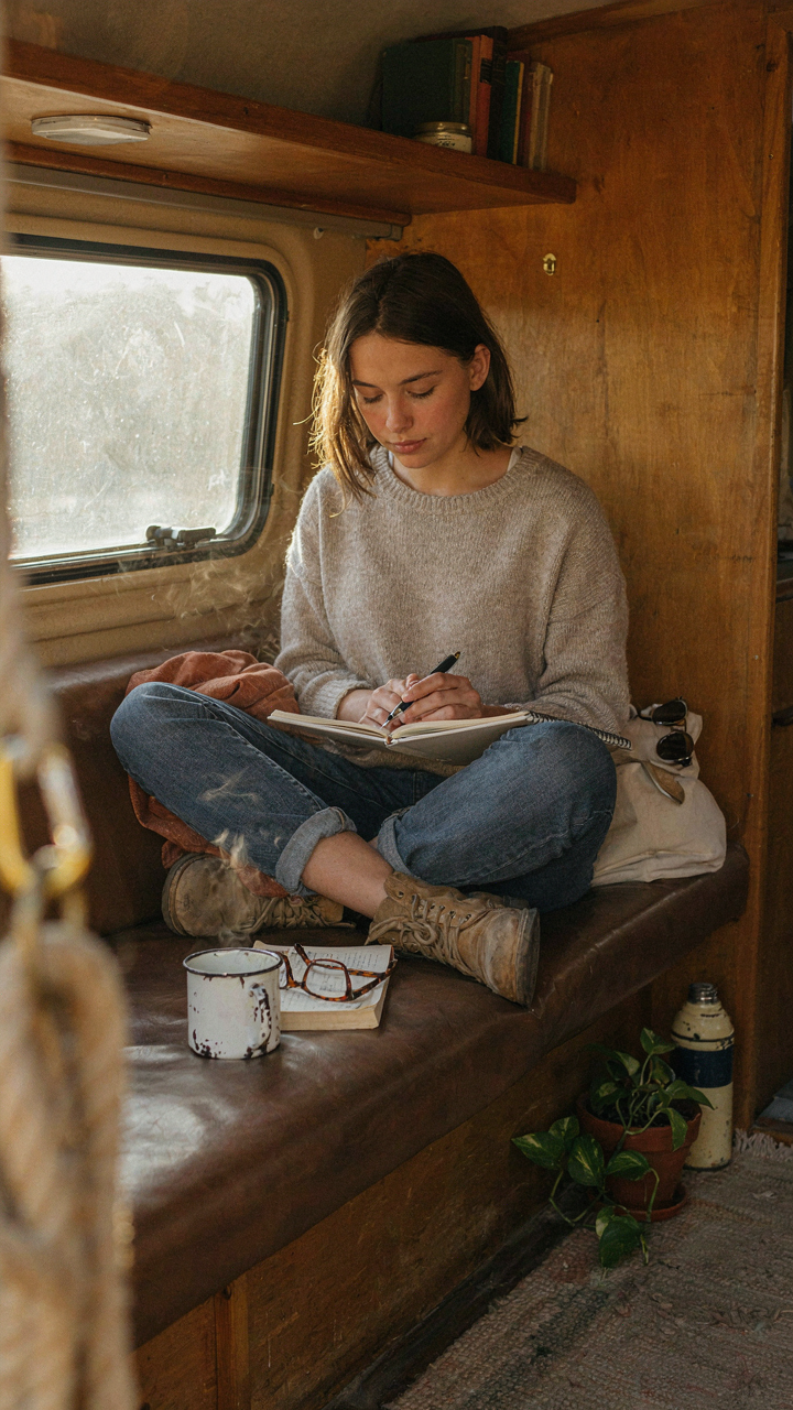 A person lists essential items in a notebook inside a van.