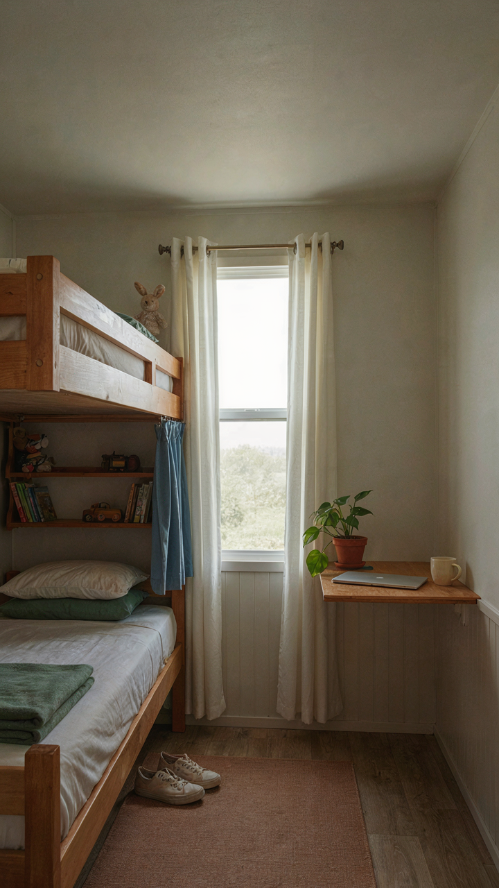 An RV bunk room with clear, individual spaces for children.