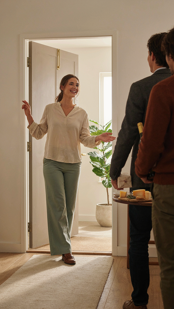 A smiling host greets guests with a simple cheese and cracker tray nearby.
