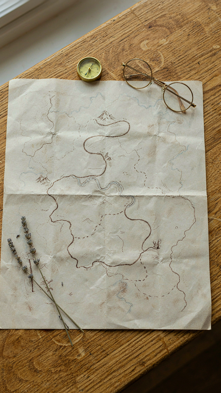 A crumpled, hand-drawn map with smudges lies on a wooden surface.