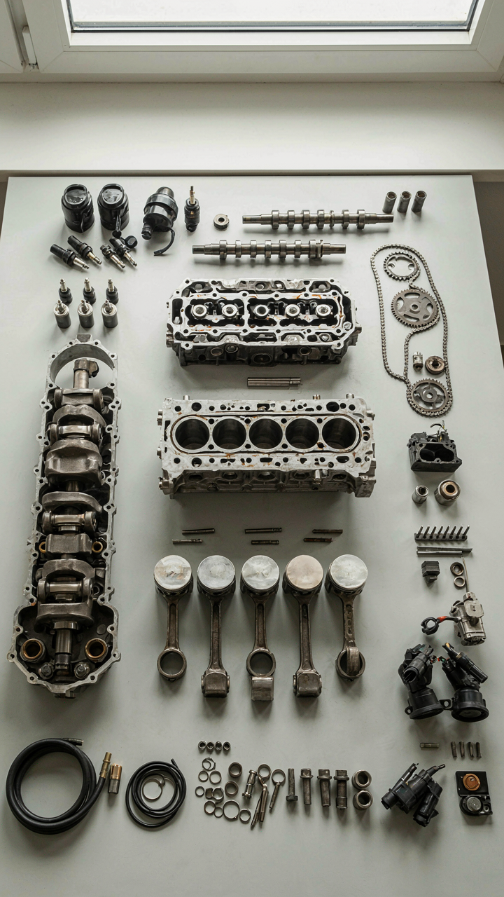 A disassembled engine with parts laid out in reverse order.