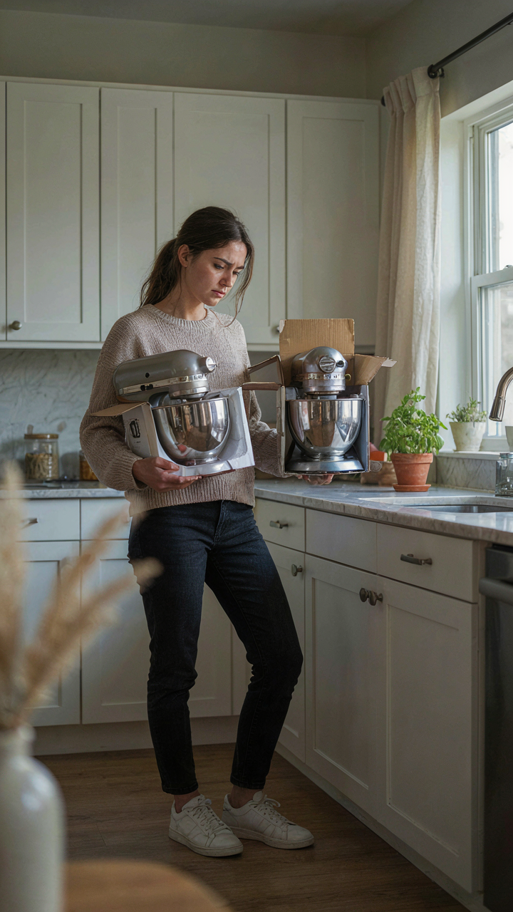A person holds two identical kitchen appliances, one still in its box.