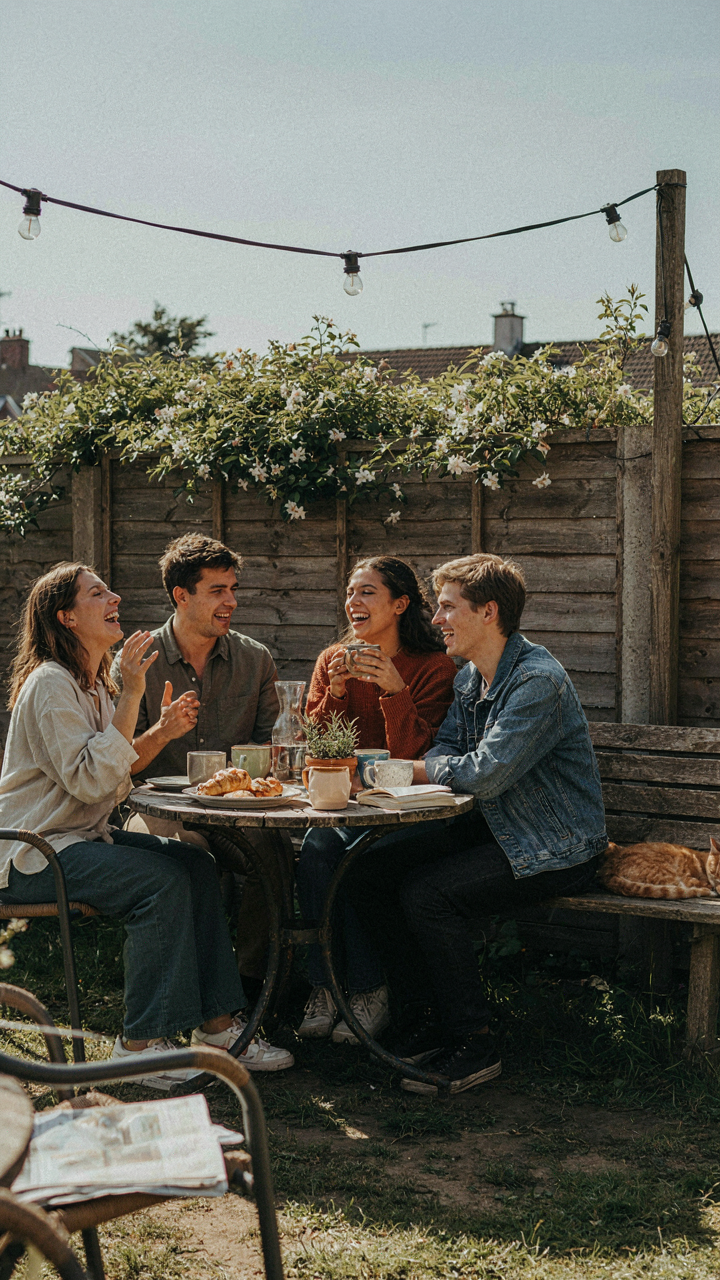 Friends laugh and enjoy coffee at a comfortable backyard bistro area.