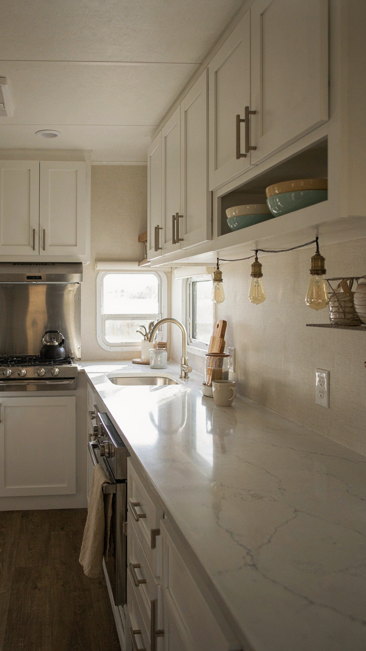A beautifully remodeled kitchen with quartz countertops and Edison bulbs.