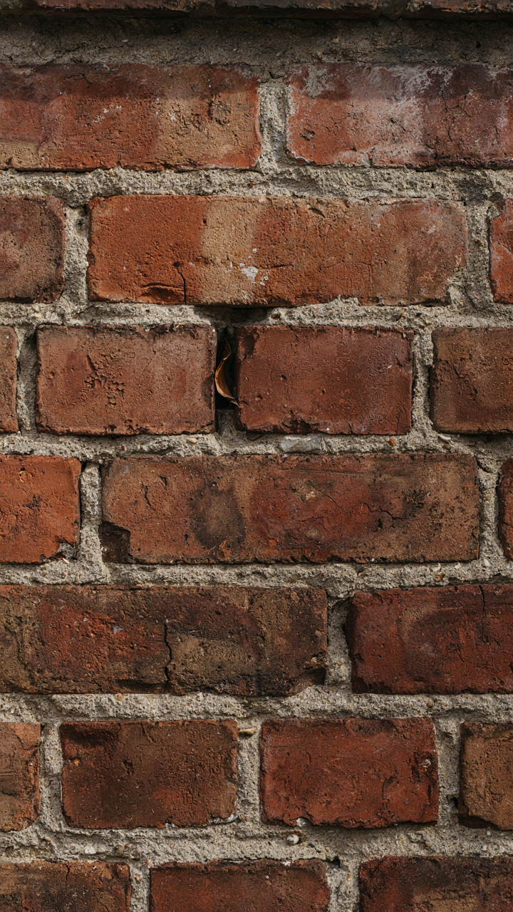 Mortar fails between bricks in an old, crumbling wall.