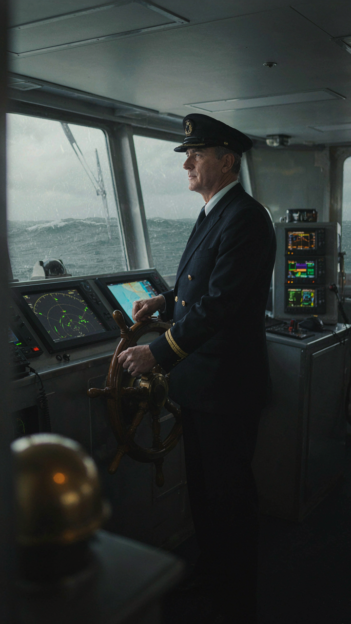 A ship's captain calmly navigates through a stormy sea with backup systems.