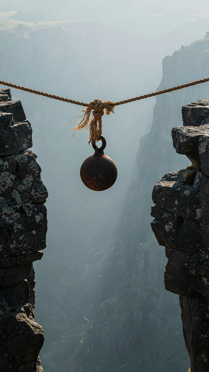 A single frayed rope holds a heavy load over a chasm.