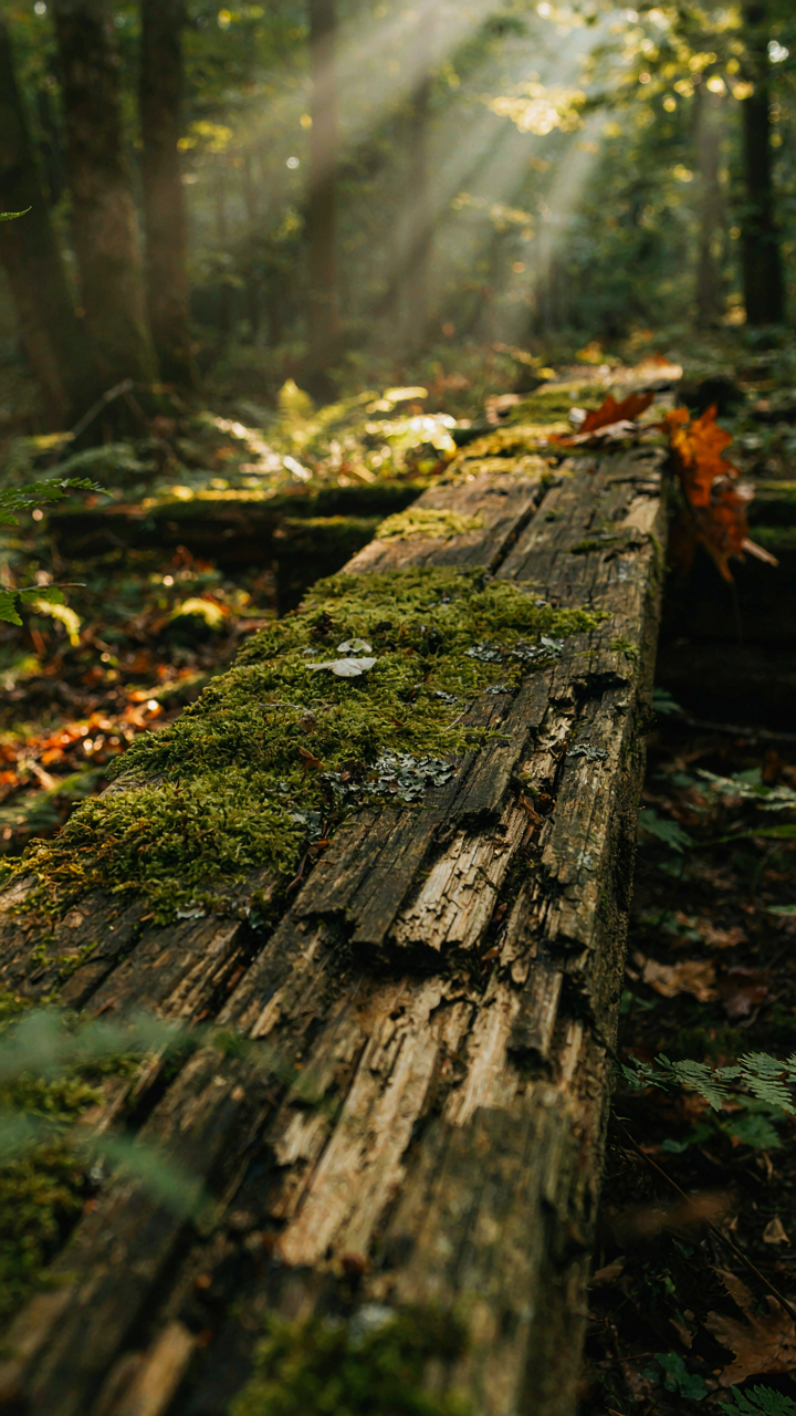 A moss-covered, rotting wooden bridge plank decays in the sunlight.