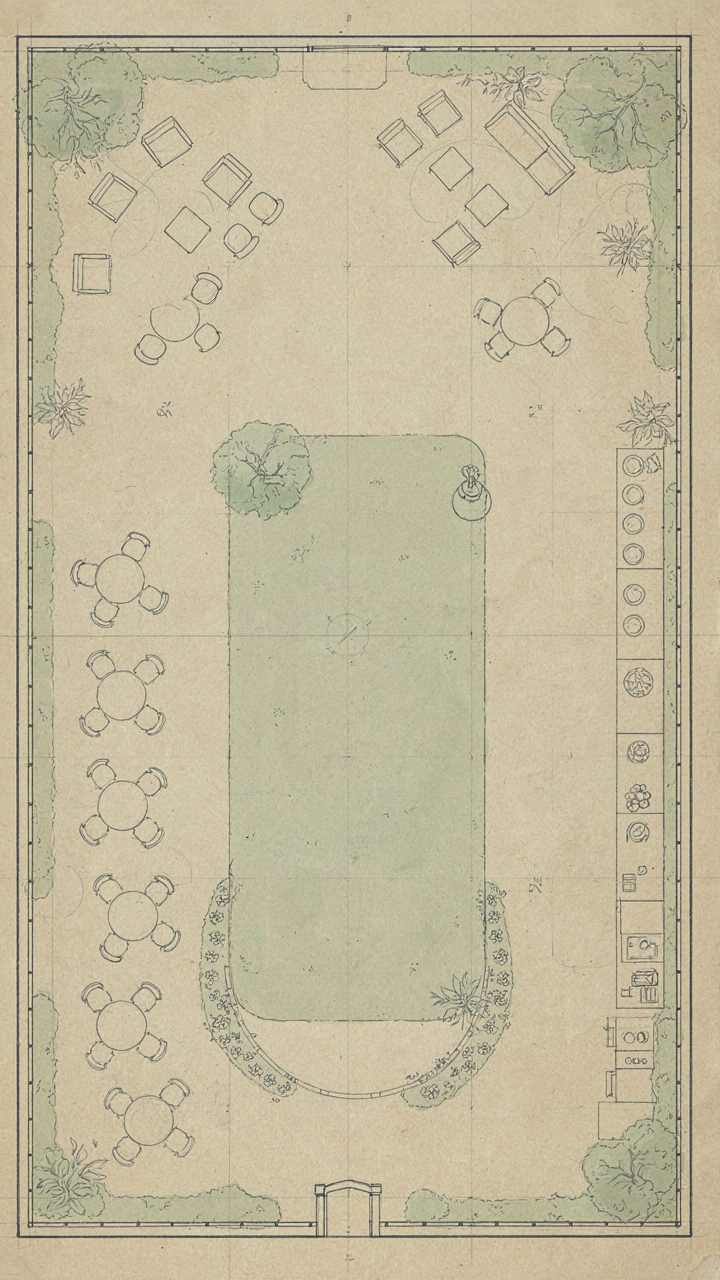 An architectural blueprint shows different zones for a garden party.