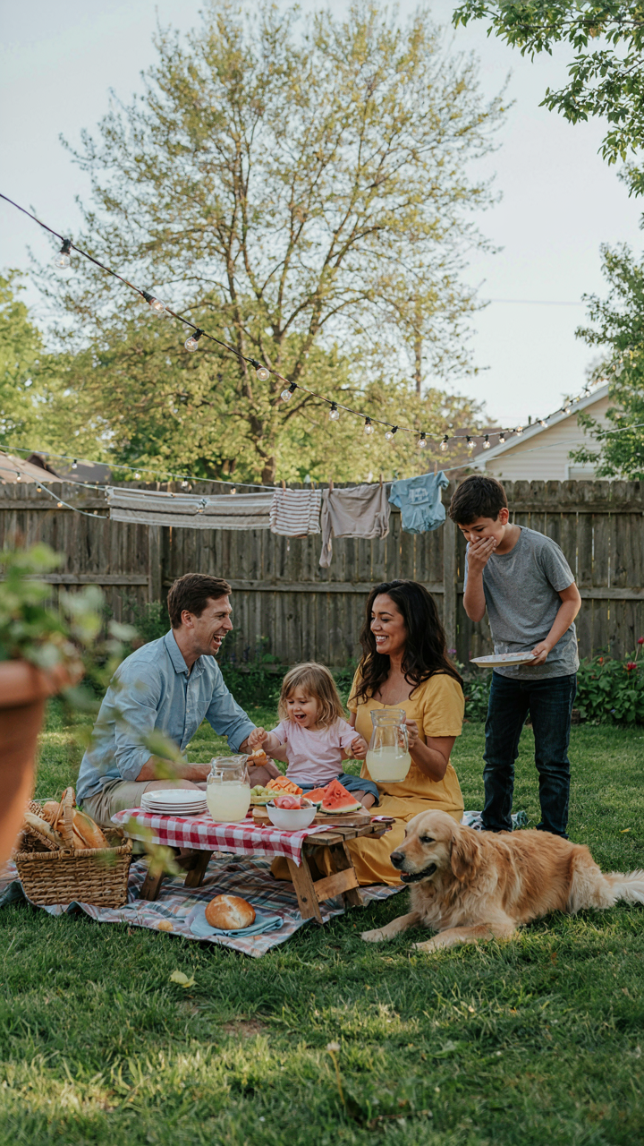 A backyard picnic party setup using existing outdoor furniture and blankets on the grass.