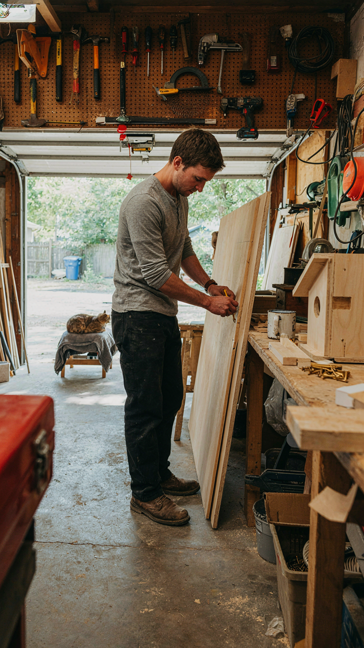 A cluttered garage workshop with inexpensive materials and tools.