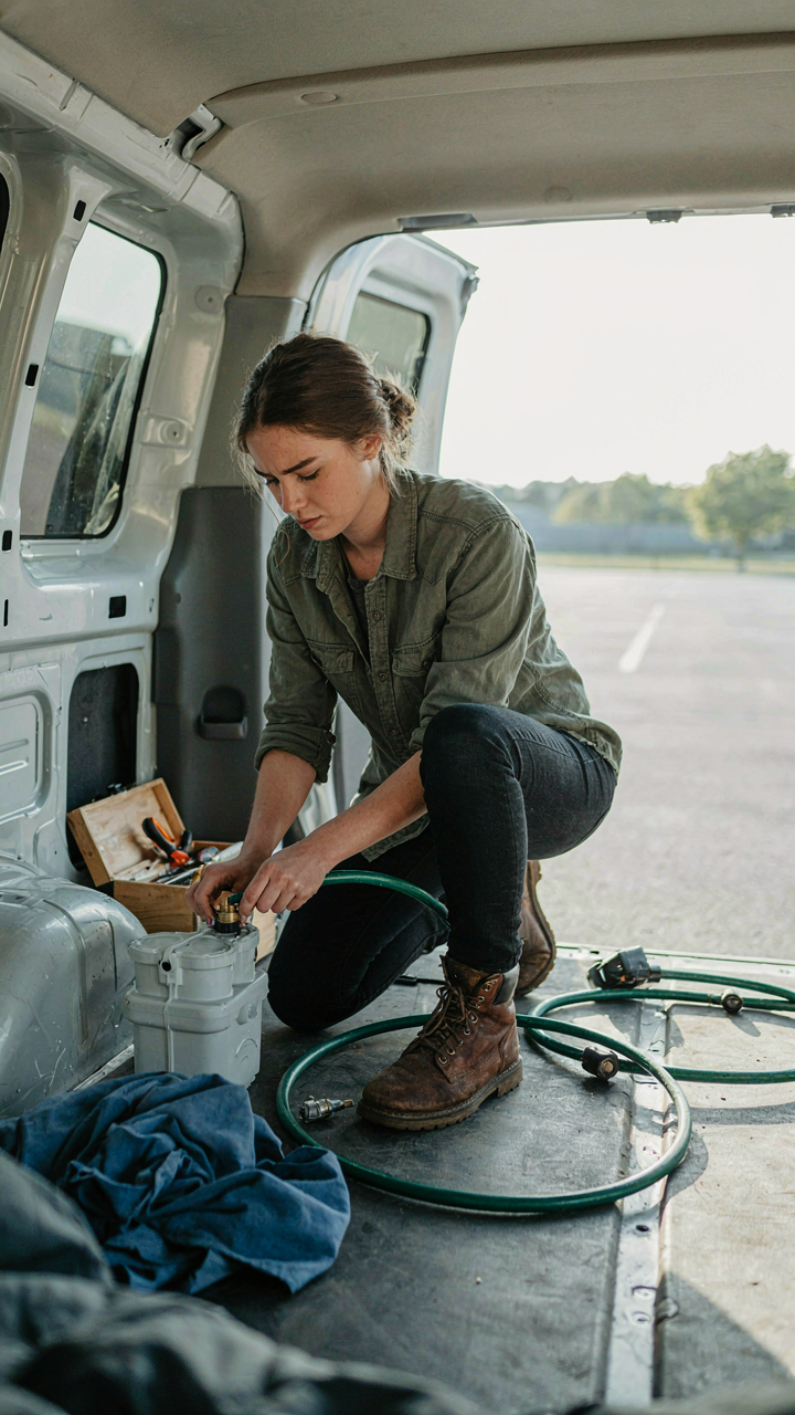 A person troubleshoots a water pump inside a minivan camper conversion.