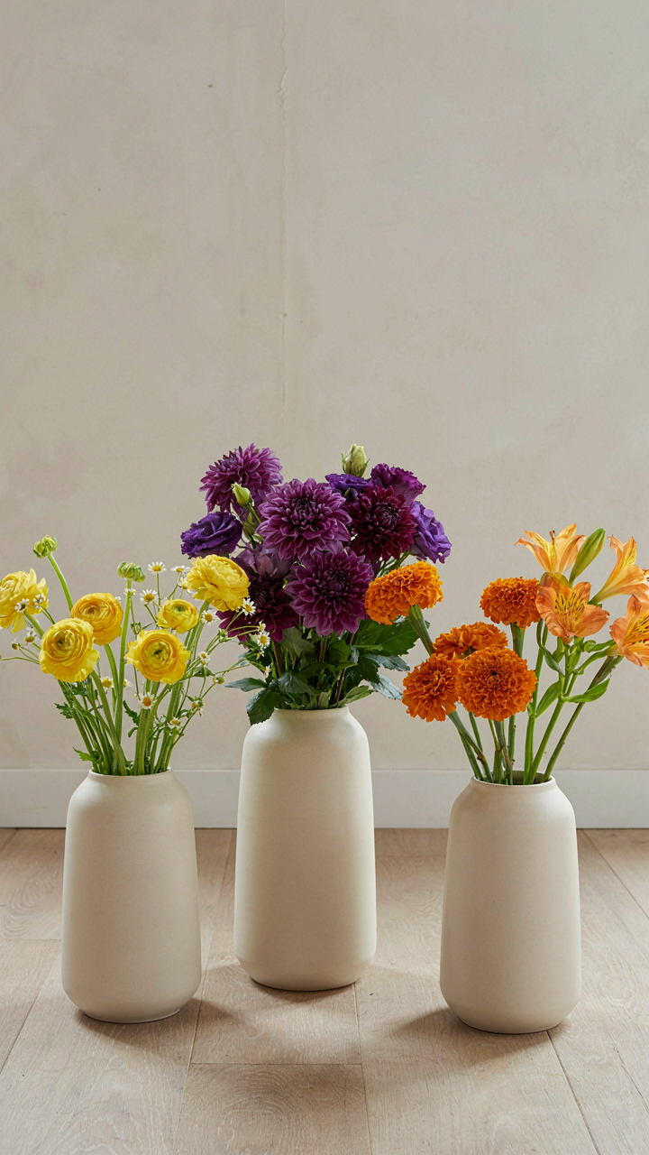 Three vases with yellow, purple, and orange flower arrangements.