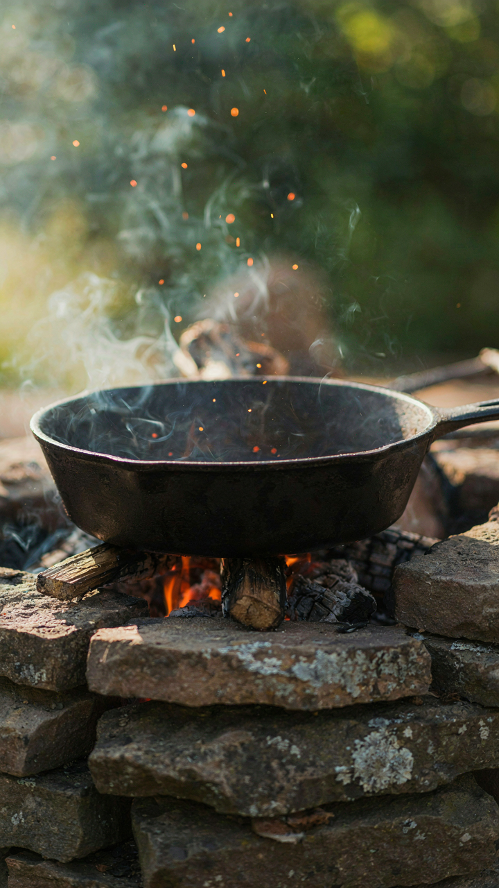 A heavy cast iron pan sits on a rustic outdoor fire pit.