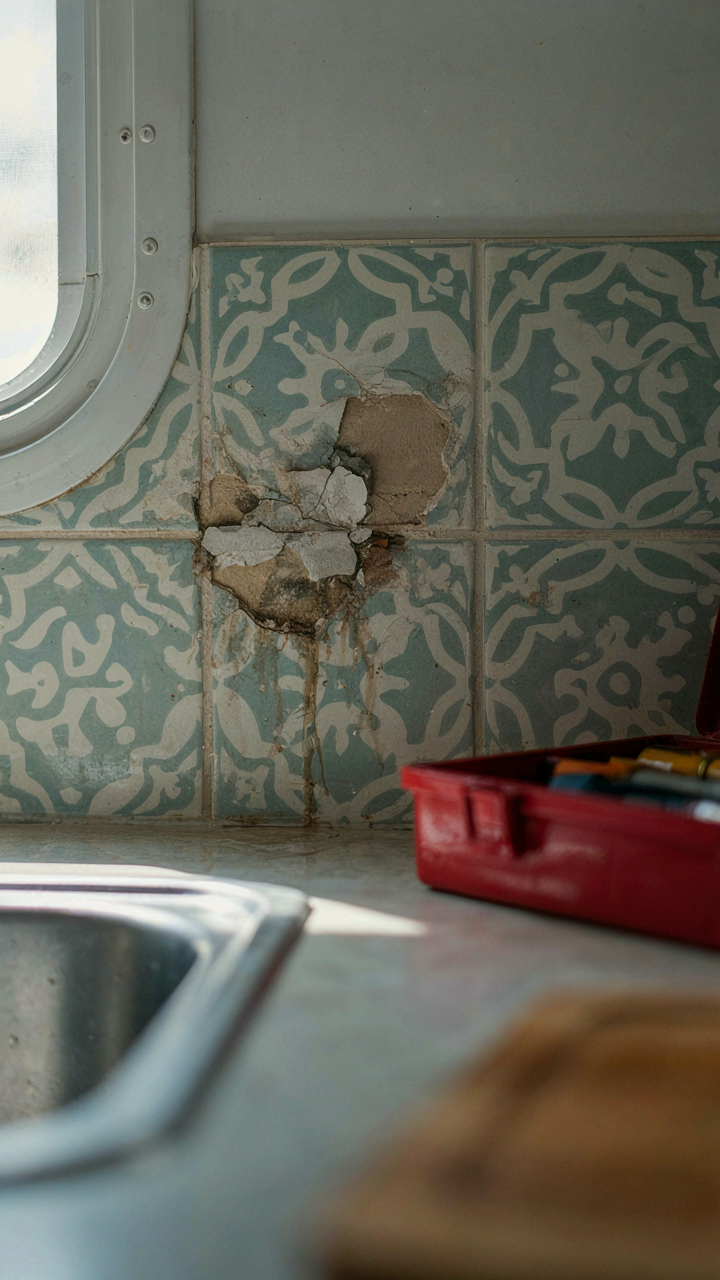 A peeling decorative tile backsplash in an RV kitchen shows water damage.
