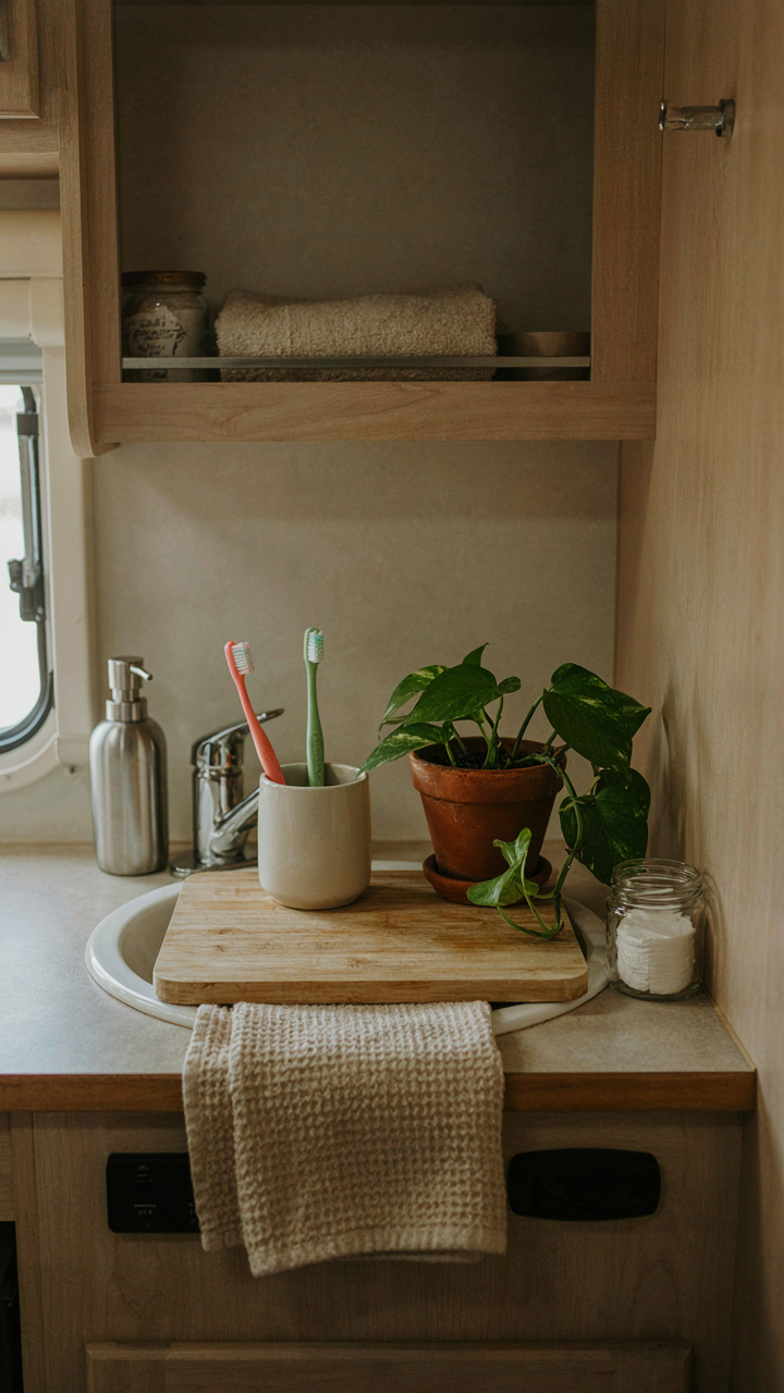 A small cutting board fits over an RV bathroom sink, holding items.