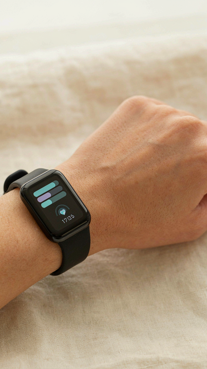 A wrist wearing a sleep tracker watch showing sleep data.