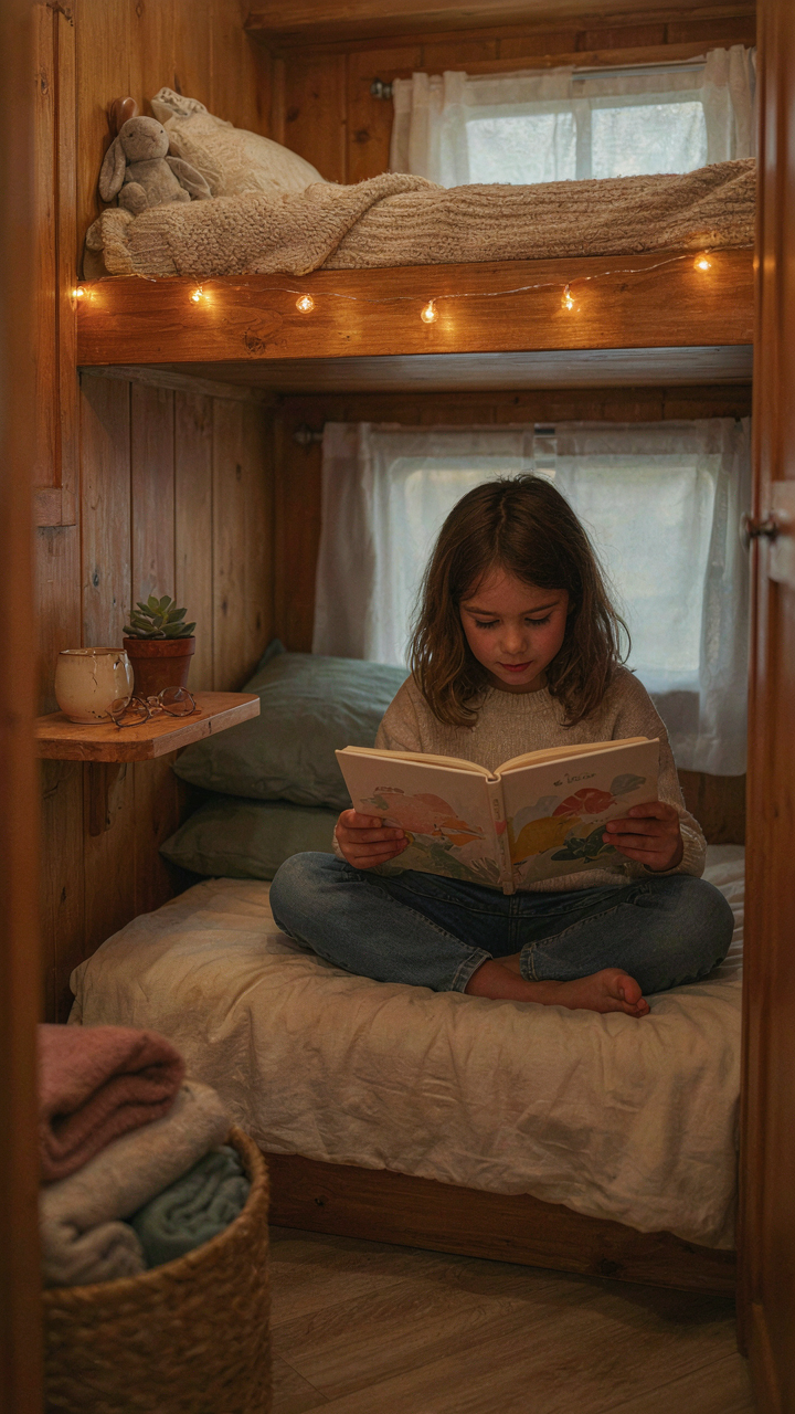 A girl reads in her private RV bunk room bed nook.