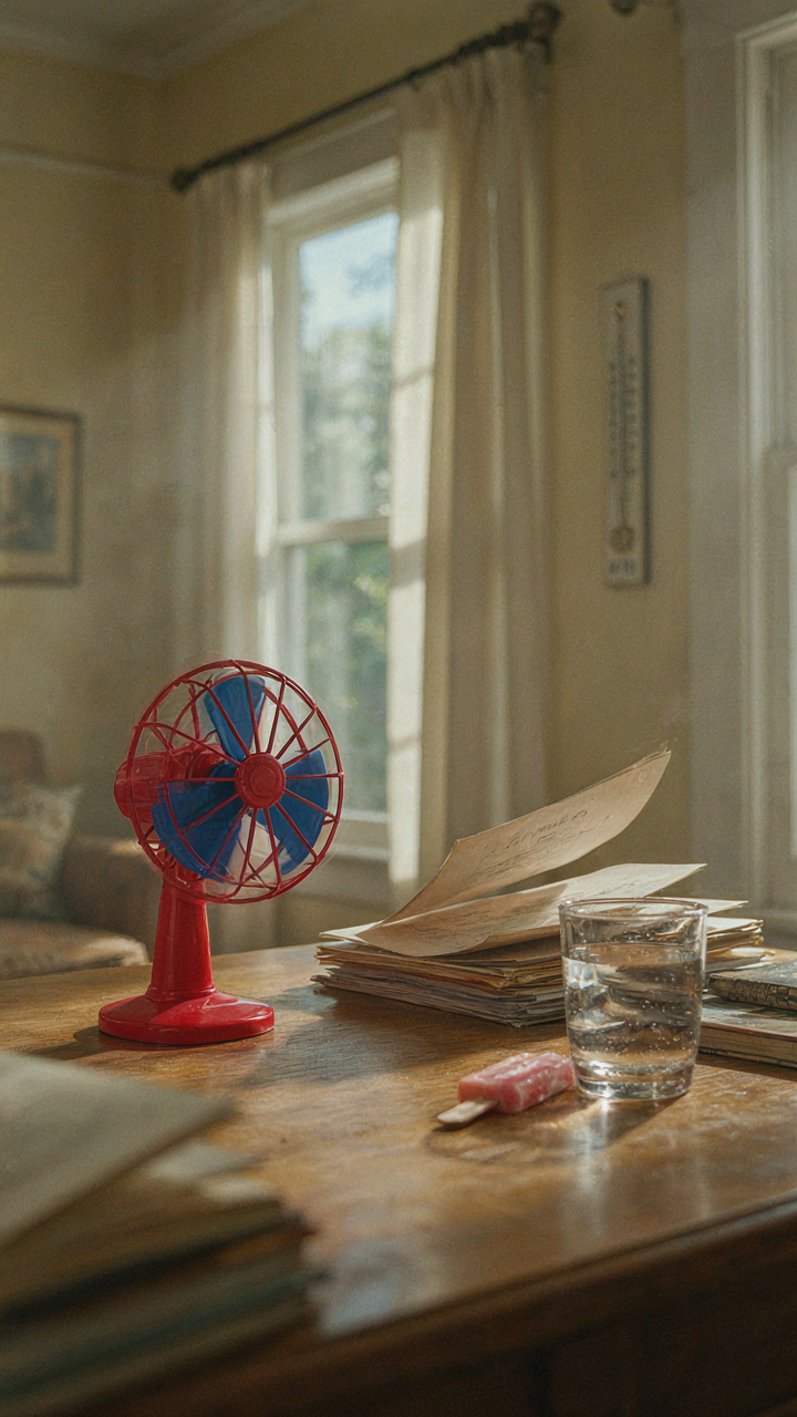 A toy fan blows on papers in a hot room with a thermometer showing high heat.