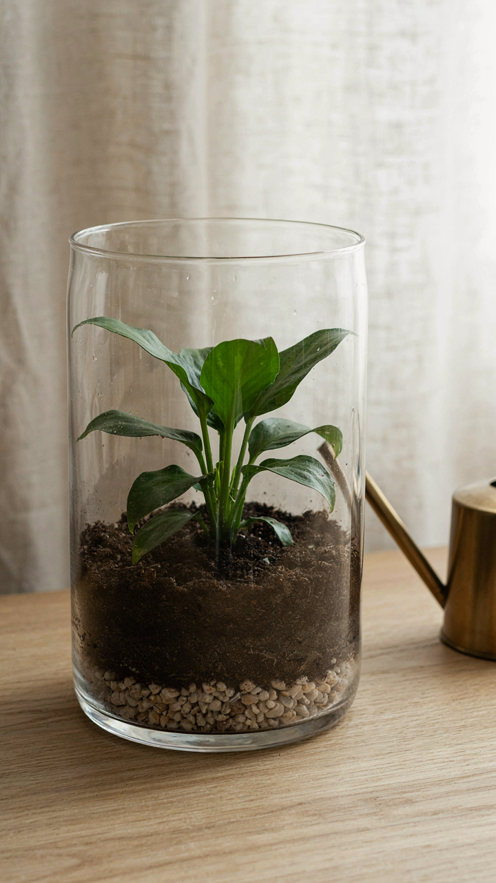 A healthy plant growing inside a self-sustaining terrarium.