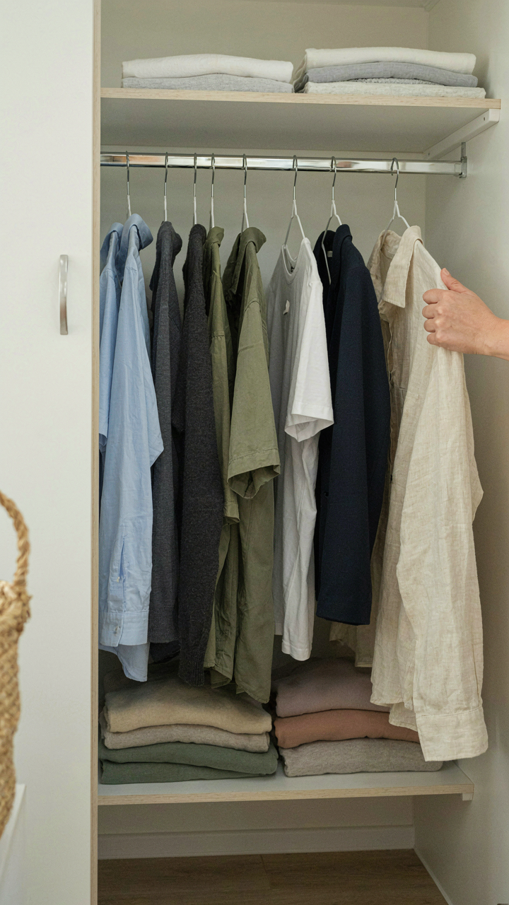 A hand easily takes a shirt from a well-organized closet.