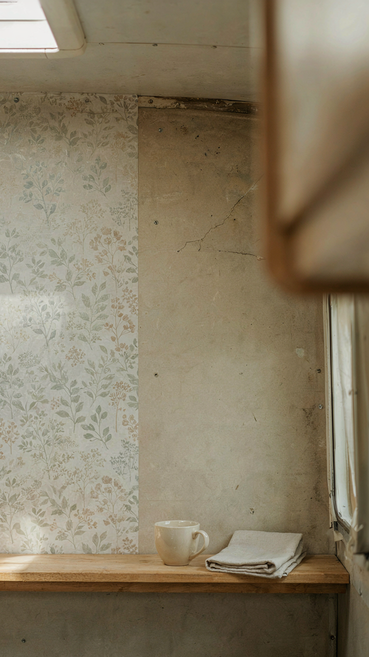 A smooth peel and stick wallpaper covers half an RV wall, contrasting with the old.